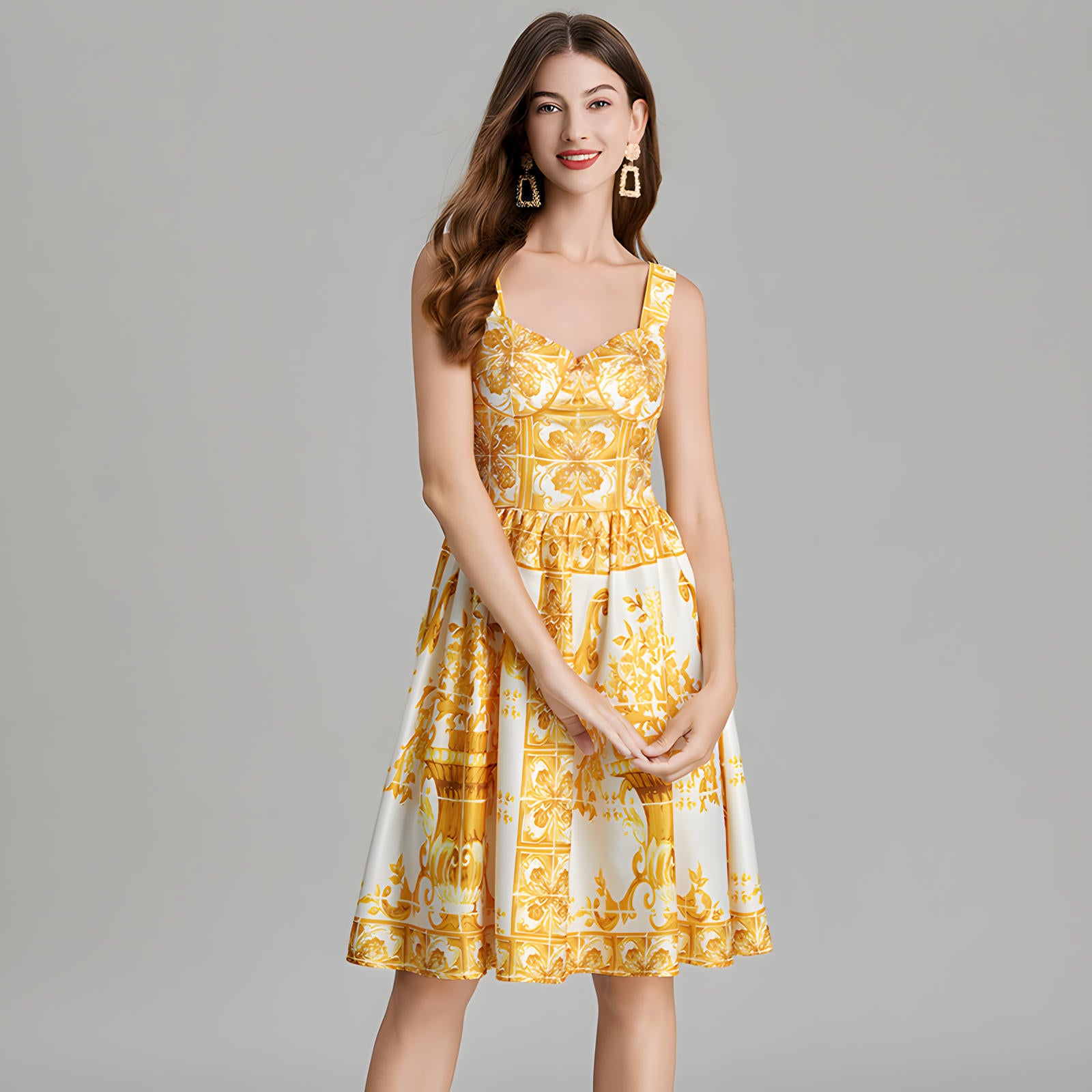Baroque Pattern Printed Short Retro Dress With Corset Top - 815248774241_BAS